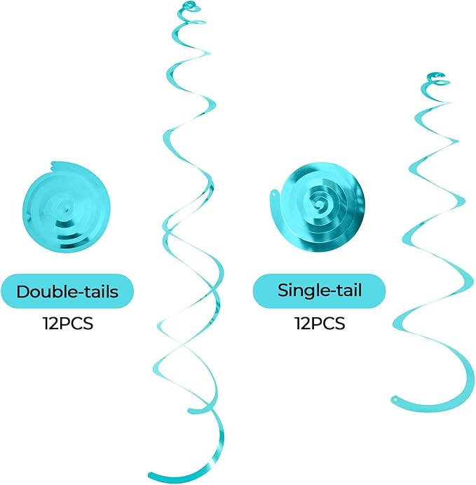 24 PCS Teal Hanging Swirl, Sparkle Ceiling Hanging Decorations, Plastic Streamer Party Decorations with Double-Swirls and Single-Swirls for Birthday Decorations, Graduation, Baby Shower