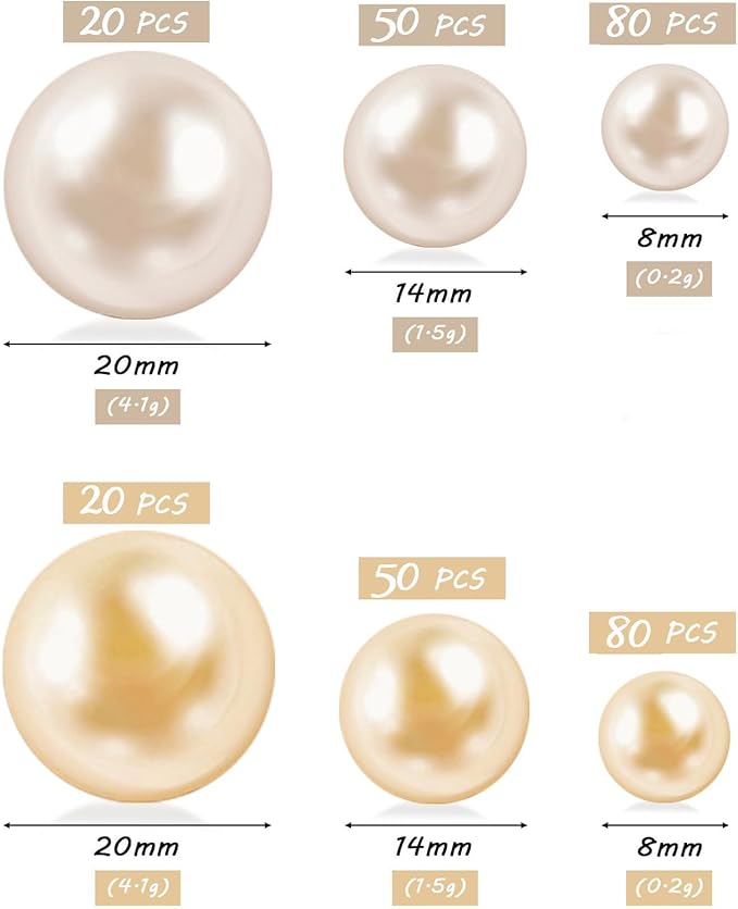 300Pcs Cream&Gold Polished No Hole Faux Pearl Beads for Vase Filling Decorations, Plastic Pearls Vase Fillers, Table Scatters, Wedding Centerpiece, Home Decor, 8/14/20 mm