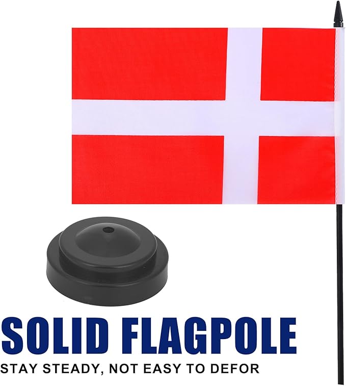 Denmark Desk Flag 12" Solid Pole Deluxe Set Danes Flags Banner Mini Small Denmark Office Table Flags with Black Stand Base Desktop Decorations(2Pack)