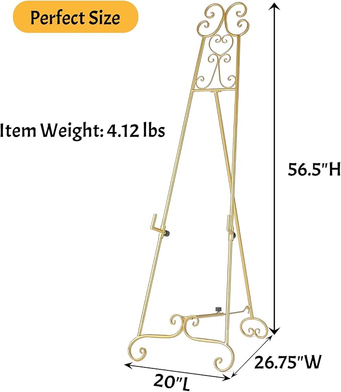 Metal Large Free Standing Adjustable Display Stand Scroll Easel with Chain Support, Gold Easel Stand for Sign, Heavy Duty Easel for Mirror, Wedding, Picture Frame (No Installation Required)