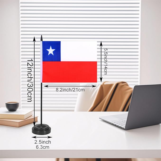 Chile Desk Flag 12" Solid Pole Deluxe Set Chilean Flags Banner Mini Small Chile Office Table Flags with Black Stand Base Desktop Decorations(2Pack)