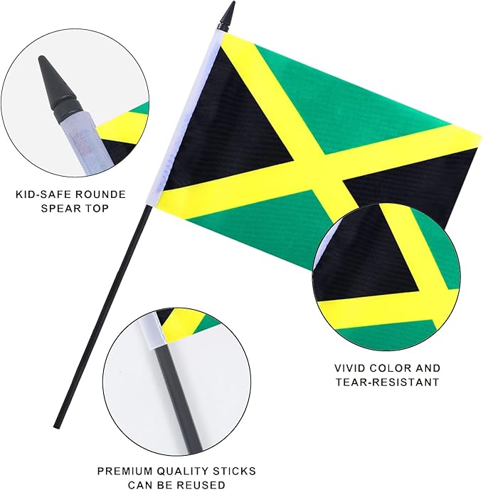 Jamaica Desk Flag 12" Solid Pole Deluxe Set Jamaican Flags Banner Mini Small Jamaica Office Table Flags with Black Stand Base Desktop Decorations(2Pack)