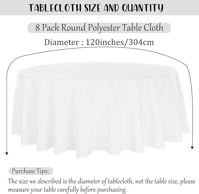 8 Pack Premium Round Tablecloth 120 Inch Round Table Covers Washable Polyester Fabric Round Table Clothes for Wedding Party Reception Banquet Buffet Restaurant (White, 120 Inch)