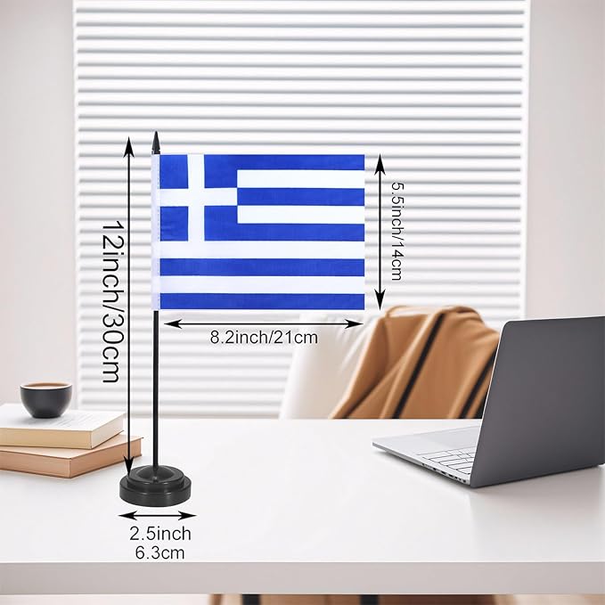 Greece Desk Flag 12" Solid Pole Deluxe Set Greek Flags Banner Mini Small Greece Office Table Flags with Black Stand Base Desktop Decorations(2Pack)