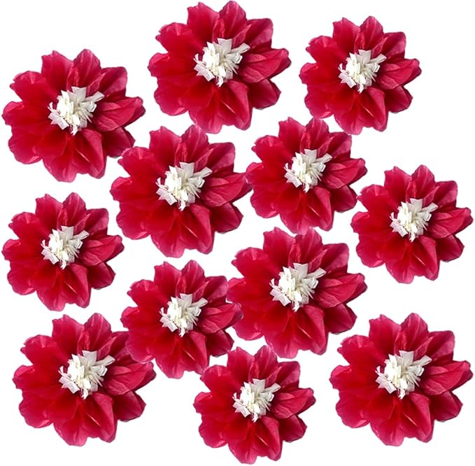 12pcs 8in 10in Paper Flowers Tissue Flowers Pom Paper Pom Poms Hanging Paper Flowers Wall Backdrop Wedding Party Flower Decorations DIY Art Craft Blooms for Birthday Baby Shower Nursey Decor red