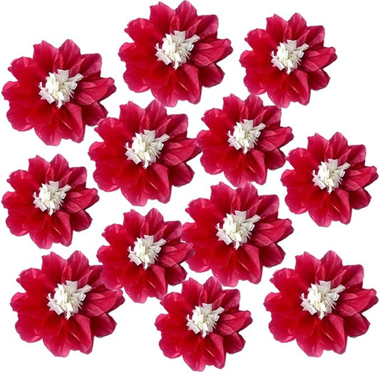 12pcs 8in 10in Paper Flowers Tissue Flowers Pom Paper Pom Poms Hanging Paper Flowers Wall Backdrop Wedding Party Flower Decorations DIY Art Craft Blooms for Birthday Baby Shower Nursey Decor red