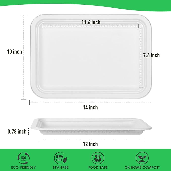 Gezond 100 Pack 14 Inch Disposable Food Trays Eco-friendly Heavy-Duty Large Paper Plates Compostable Sugarcane Platters for Crawfish, BBQ, Seafood Boil Holiday Party White