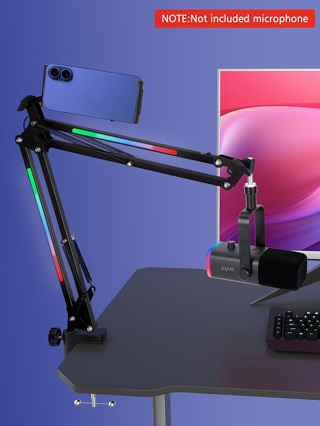 SUNMON RGB Boom Arm - Mic Arm With RGB Light, Adjustable 11 Light Modes, Microphone Boom Arm With Adapter Compatible with Fifine Microphone, Blue Yeti, HyperX QuadCast and Most Gaming Mic
