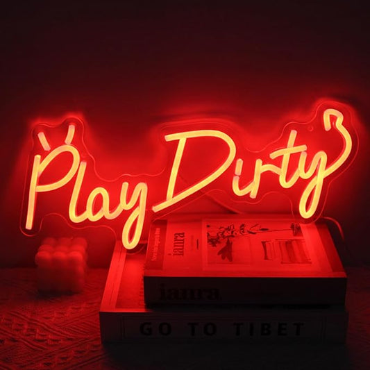 Play Dirty Neon Sign Red Letter LED Neon Lights Signs Devil Neon Signs for Wall Decor Satan Neon Lights for Bedroom Dimmable Red Words Neon Light Up Sign for Bar Man Cave Party Decor