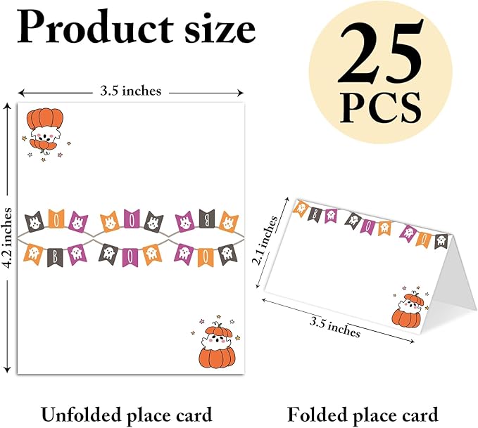 25 Pack Halloween Place Cards, Editable Name Cards for Table Setting, Boo Ghost Tent Cards Food Label for Dinner Party, Bridal Shower, Wedding, Baby Shower and Events -T38