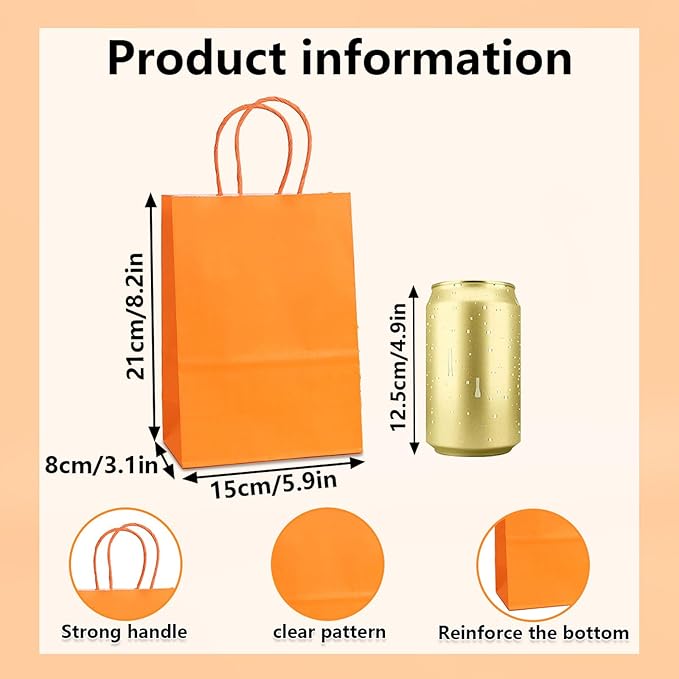 piqiya 24pcs Orange Gift Bags with Handles,Small Paper Bags for Halloween Party Favors,Birthday,Wedding,Salmon Treat Bag Multiple Uses,Trick or Treat Bags Candy Bag