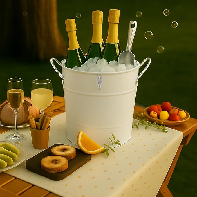 Insulated Ice Bucket with Lid Scoop Handle for Parties Cocktail Bar, 4L Round Mental Champagne Drink Wine Bucket for Drinks White