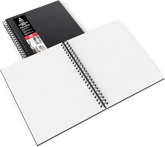 ARTEZA Watercolor Sketchbook 2-Pack, 64 Pages Each, 9x12 Inches – Spiral-Bound, 140 lb Cold Press Paper, Black Hardcover for Watercolor & Mixed Media