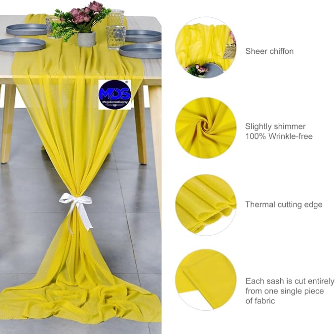 MDS Halloween Chiffon Table Runner - 5 Pack, 29 x 170 Inches, 14ft Each - Sheer Spooky Table Runners for Haunted House Parties, Trick-or-Treat Tables, Witchy Décor, Wedding & Events - Yellow