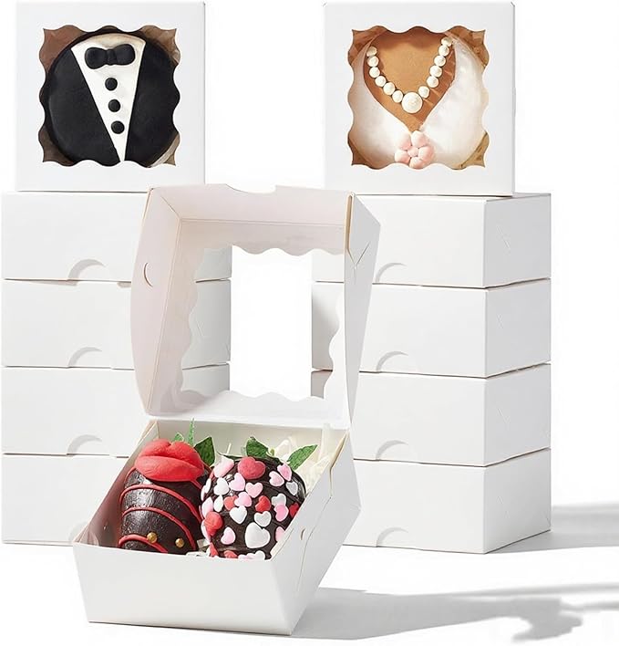 RomanticBaking 3 ¼" x 3 ¼" x 1 ½" 50PCS Chocolate Truffle Boxes for 4，Cookies Boxes Mini Bakery Boxes with Window for Brownie,Soap,Donut