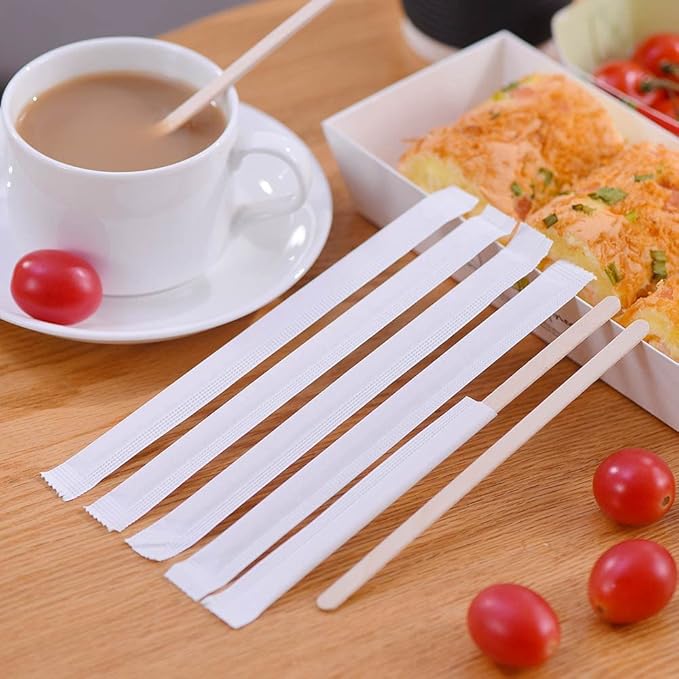 200pcs Individually Wrapped Coffee Stirrers Wood - 7" Coffee Stir Sticks, Round End Disposable coffee stirrer, For Coffee, Cocktail and Hot Drinks