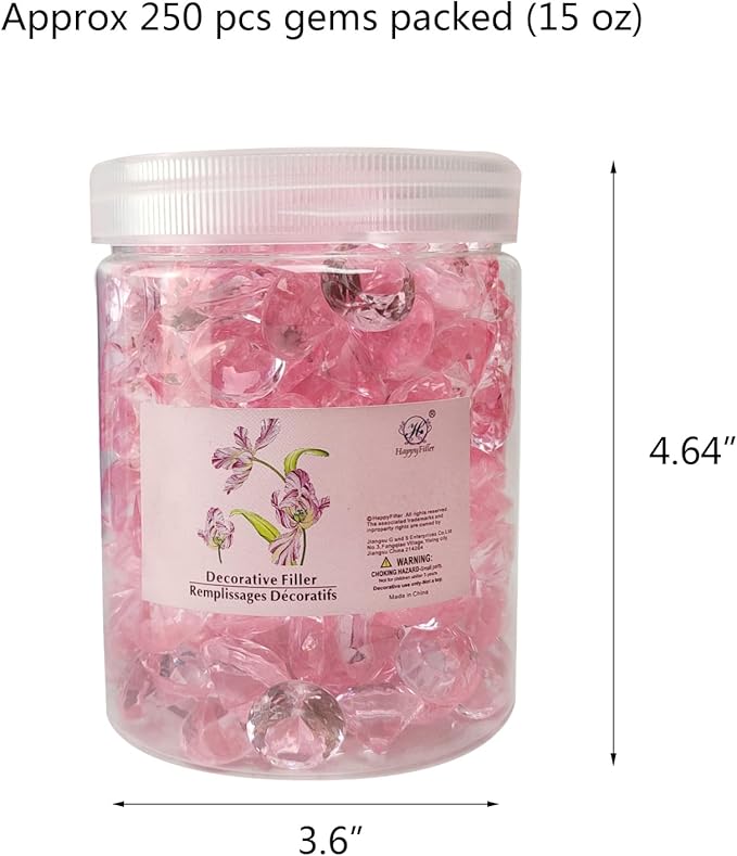 HappyFiller 250 PCS Pink Acrylic Crystals Gems 20 mm Fake Diamonds Party Favors Confetti Wedding Reception Decorations Table Scatter Poppers,Arts Crafts,Vase Fillers,Diving Pool Treasure Jewels