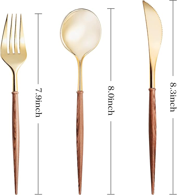 Lullaby 240PCS Gold Plastic Silverware, Gold Disposable Cutlery with Wood Grain Handle Include 80 Forks, 80 Spoons, 80 Knives, Elegant Disposable Silverware for Wedding, Party, Gathering, Daily Use