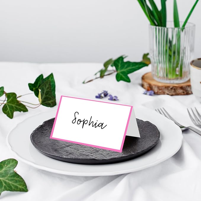 25 Pack Pink Border Place Cards, Editable Name Cards for Table Setting, Tent Cards Food Label for Dinner Party, Bridal Shower, Wedding, Baby Shower and Events -T10