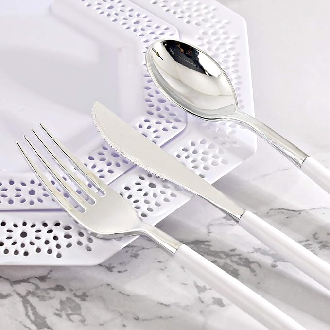 WELLIFE 144 Pack Silver Plastic Cutlery, Disposable Silver Flatware Includes： 48 Forks, 48 Knives and 48 Spoons, Suitable for Parties and Wedding for Wedding