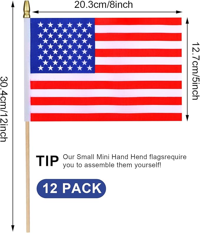 12Pcs Small American USA Flags on Wooden Stick Mini United States Flag Hand Held Flag Decorations,5x8 Inch