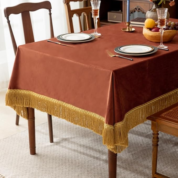 F-CHU Luxury Burnt Orange Tablecloth Thickset Velvet Tablecloth with Beautiful Gold Tassels Table Cloth for Home Decor Wedding, Party, Banquet and Events 60x102-Inch