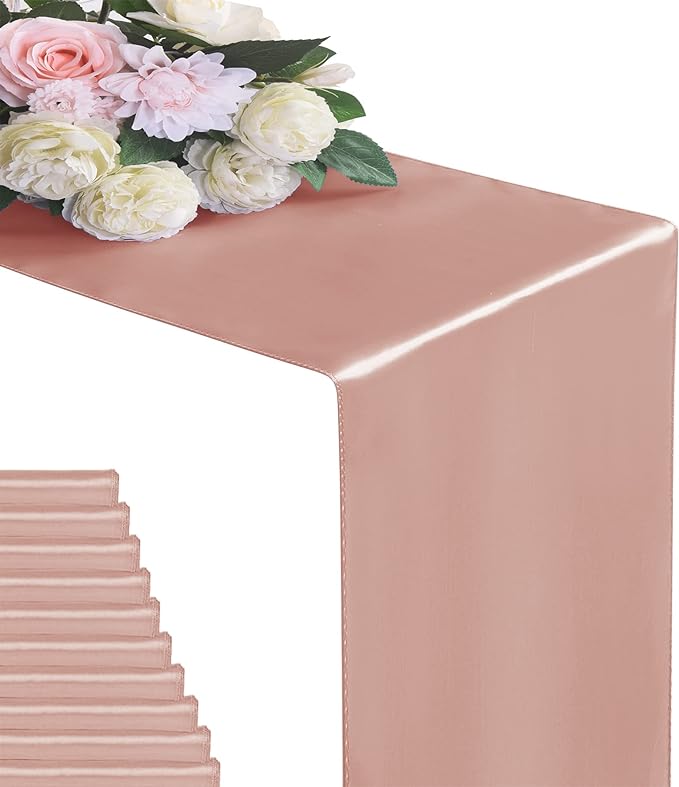 24Pack Table Runner 12 x 108 Inches Satin Silk Table Runner for Wedding, Birthday Party, Banquets, Graduations Decoration, fit Rectange and Round Table-Rose Gold