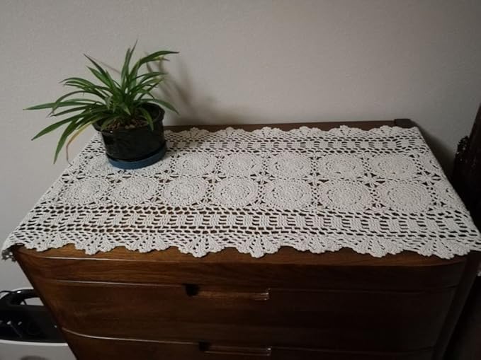 Cotton Handmade Crochet lace Table Runners Oval Tablecloth Doilies Doily Table Dresser Scarf Décor,15x35 inch,Beige