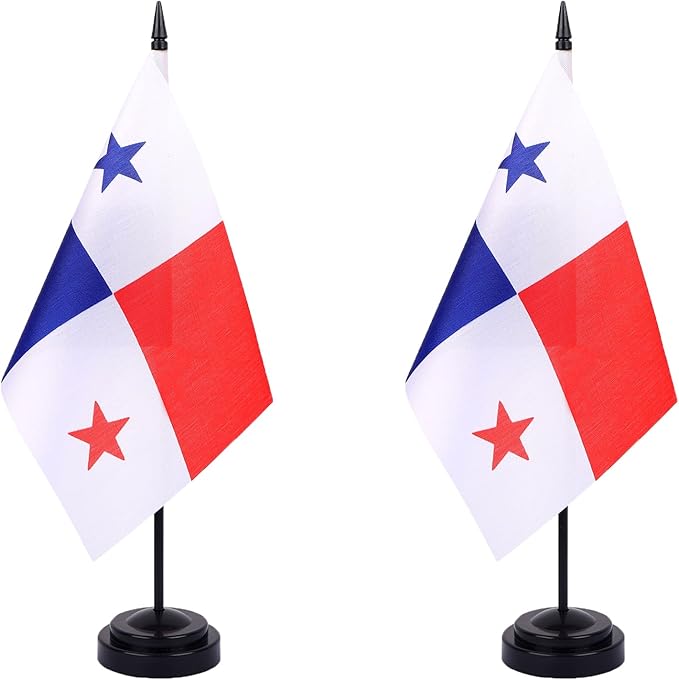 WXTWK 2 Pack Panama Flag Panama Deluxe Desk Flag Set - Mini Small Panamanian Table Office Flags with Black 12" Solid Pole Stand Base Classroom Meeting Desktop Decorations