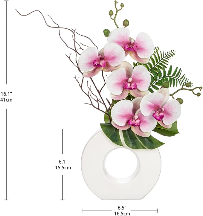 Briful Orchid Artificial Flowers 16.1'' Pink Orchid Silk Flowers with Ceramic Vase Faux Orchid Arrangement for Home Office Bathroom Table Centerpiece Indoor Decoration