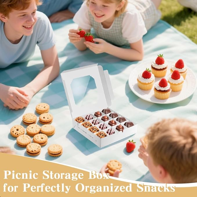 25 Pack White Bakery Boxes, Sweet Boxes with Windows and Divider, 16-Compartments Dessert Box for Chocolate Sweet Assortment
