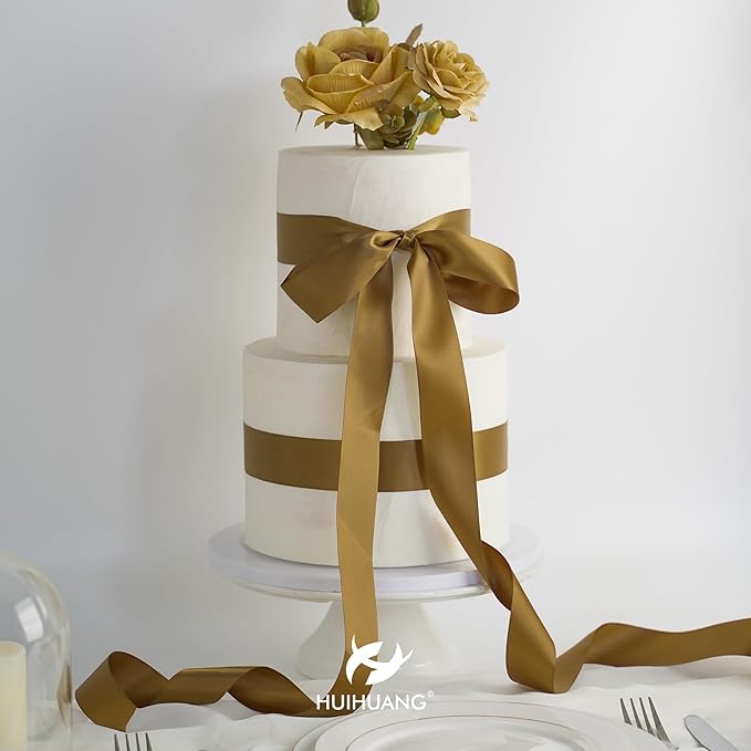 HUIHUANG Golden Brown Ribbon 1-1/2 inch x 50 Yards Luxury Double-Faced Satin Ribbon for Gift Wrapping Crafts Bows Holiday Home Decor Wedding Decoration Flower Bouquets