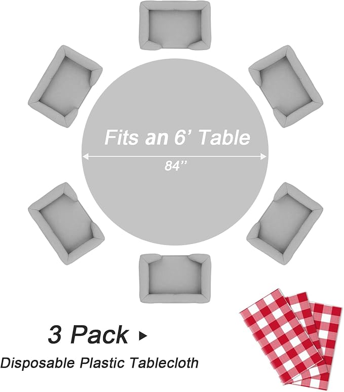 QIKSION Red Gingham Round Tablecloth 3 Pack, 84 Inch Plastic Checkered Table Cover Disposable for Parties