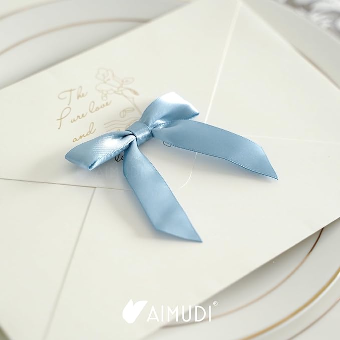 AIMUDI Dusty Blue Bows for Gift Wrapping Premade Satin Bows for Wedding Decor Pre Tied Twist Tie Bows Small Bows for Crafts Treat Bags Cake Pop Party Favors - 50 Counts