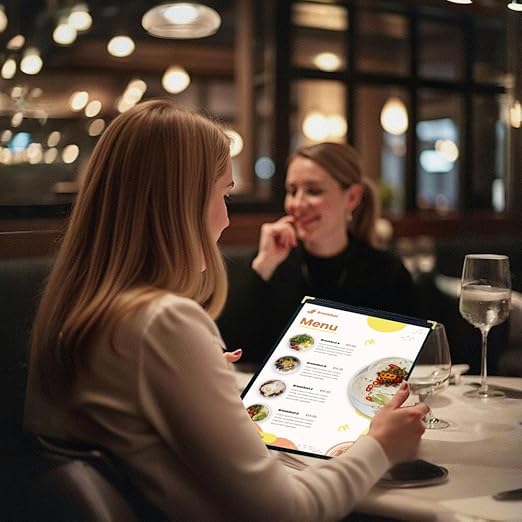 Goodsmart Restaurant Menu Covers – 25 Pack Black 2-View, Top-Loading Menu Holders, Vinyl & Plastic Café Menu Covers, Clear Menu Sleeves, Fits 8.5" x 11", Leather-Style Design, Gold Corners