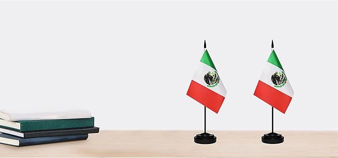 Mexico Mexican Deluxe Desk Flag Set Small Mini Miniature Mexico Mexican Table Desktop Flags With Solid Pole, Black Base and Spear Top(2 Pack)