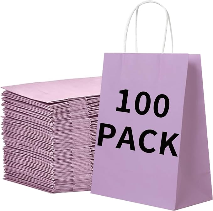 BAG BOX 100 Pack 8.3 * 4.3 * 10.6 Inch Purple Gift Bags with Handles,Bulk Kraft Paper Bags for Shopping, Retail, Merchandise, Wedding, Party Favors, Paper Grocery Sacks