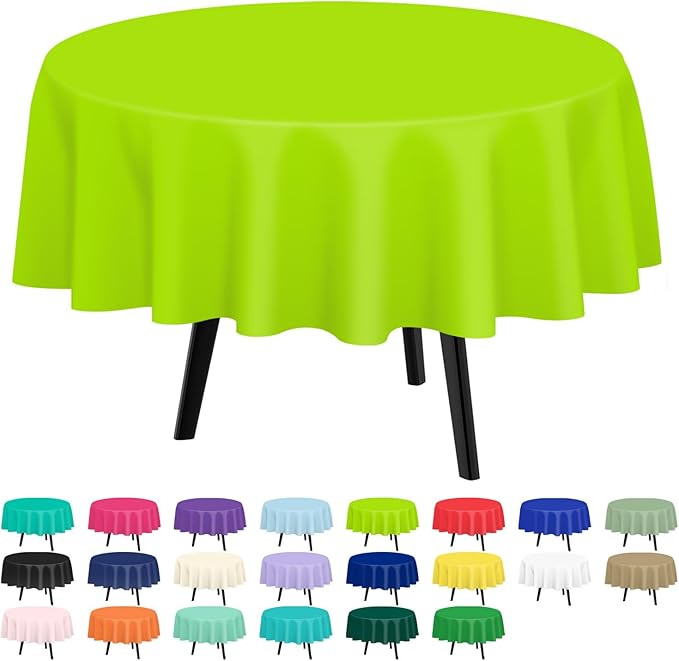 QIKSION Lime Green Round Tablecloth 2 Pack, 84 Inch Plastic Table Cover Disposable for Parties