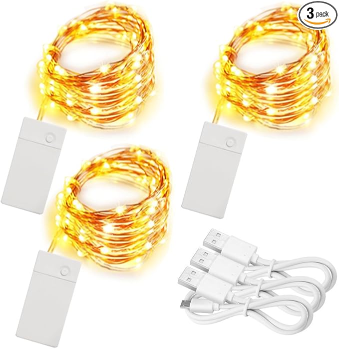 3 Pack Rechargeable String Fairy Lights 10ft 30 LED, 4 Modes Copper Wire Christmas Starry Lighting, Waterproof Micro Firefly Moon Light, Warm White, Battery and USB Cable Included