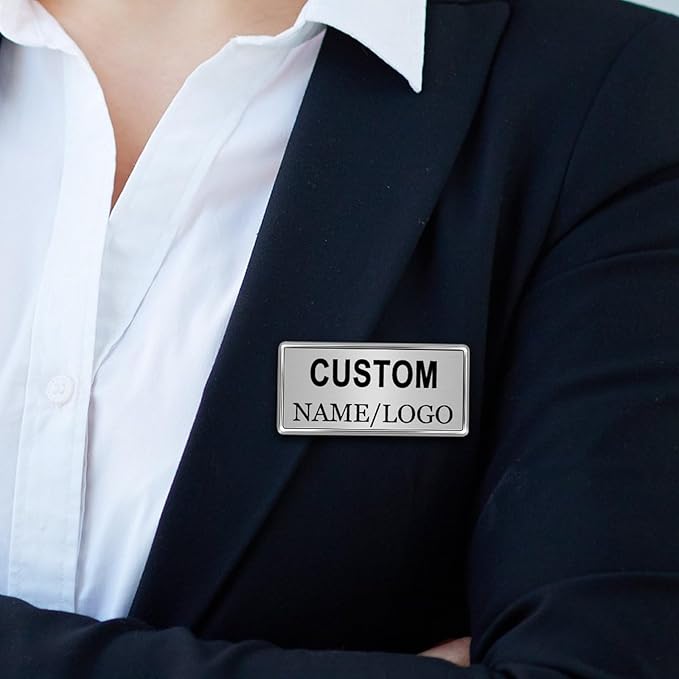Custom Name Tags ID Badges with Logo Name Personalized Name Badges Name Tag ID Badges with Pin Backing Customizable Name Badges for Business Offices Stores Restaurant, 1.5x2.8 in, 20PCS