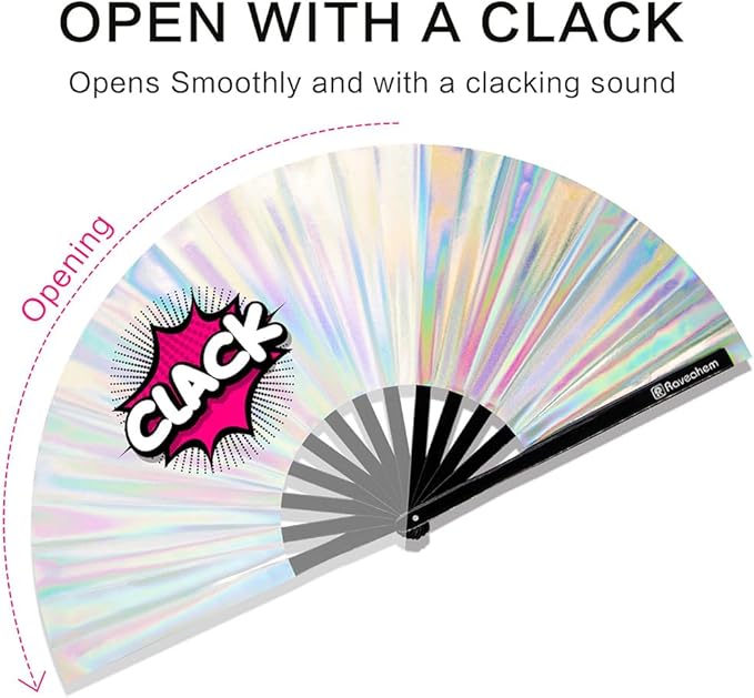 Large Rave Fan, Clack Folding Hand Fan with Premium Fabric, Thick Bamboo Frame for Men Women Gift for EDM, Festival, Club, Party, Dance, Decoration (Holographic Silver, 13")