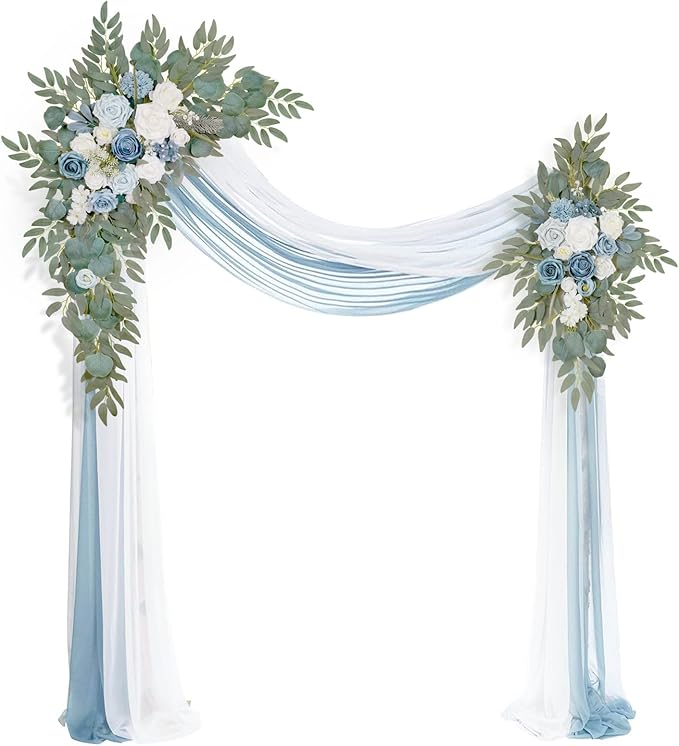 Artificial Arch Flowers Kit(Pack of 4),2Pcs Artificial Flower Arch Decor, 2Pcs Drapes, Ceremony and Reception Background Rose Decoration, Grayish Blue Floral Outdoor Party Decor