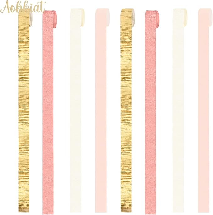 AOBKIAT Wedding Party Decorations, 8 Rolls Pink Gold Crepe Paper Streamers for Wedding, Bachelorette, Birthday, Baby Bridal Shower, Valentines Day Party Backdrop Decorations, 82ft Long