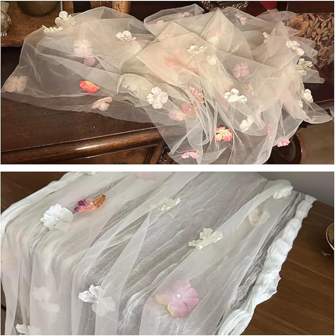 Romantic Artificial Floral Table Runner 10ft Gauze Tulle Lace Table Runner Set for Wedding Baby Shower Bridal Shower Holiday Kitchen Dining Table Decoration for Home Party Special Occasion (2Pcs)
