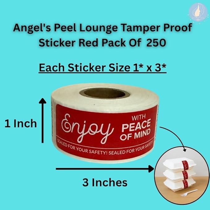 Angel's Peel Lounge Tamper Proof Stickers Roll — Tamper Evident Stickers for Takeout Containers, Drink Lids, Delivery Bags, Writable Self Adhesive Seal Tape Labels for Security - 1x3in 250-COUNTS, RED