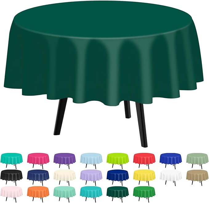 QIKSION Dark Green Round Tablecloth 12 Pack, 84 Inch Plastic Table Cover Disposable for Parties