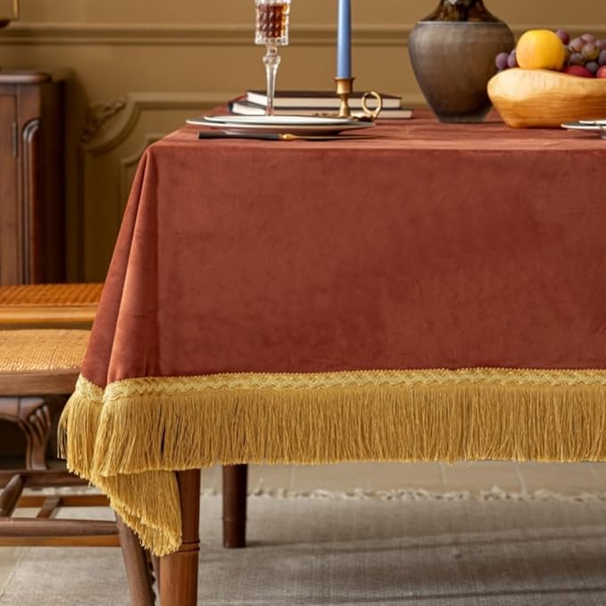 F-CHU Luxury Burnt Orange Tablecloth Thickset Velvet Tablecloth with Beautiful Gold Tassels Table Cloth for Home Decor Wedding, Party, Banquet and Events 60x102-Inch
