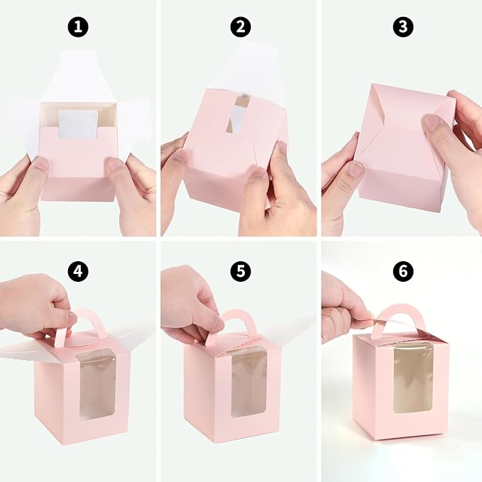 JCD Cupcake Boxes Carriers, 120pcs Pink Single Individual Cupcakes Box Holders Containers,3.7 * 3.7 * 4.3inch Cupcake Container Pastry with Insert Window & Handle for Parties (Pink/120Pcs)