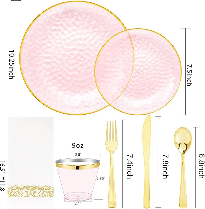 Rubtlamp 175 Pcs Pink Plastic Plates Dinnerware Set (25 Guests), Pink Disposable Plates With Gold Rim, Hammered Party Platos Set Include Dinner Plates, Dessert Plates, Cups, Cutlery for Party