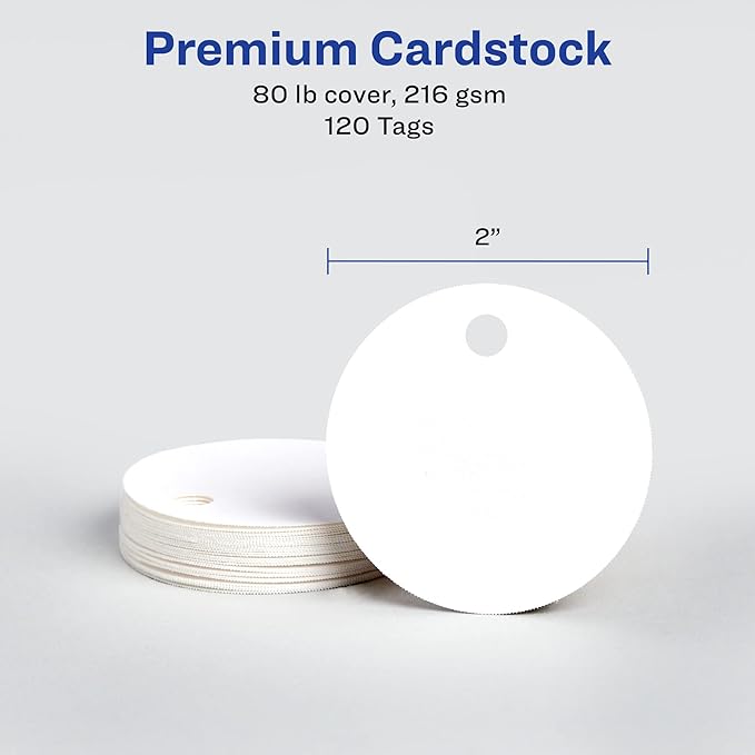 Avery Round Tags, Sure Feed Technology, 2" Diameter, Matte White, Strings Included, 120 Total, Print-to-The-Edge, Laser/Inkjet Printable (80512)